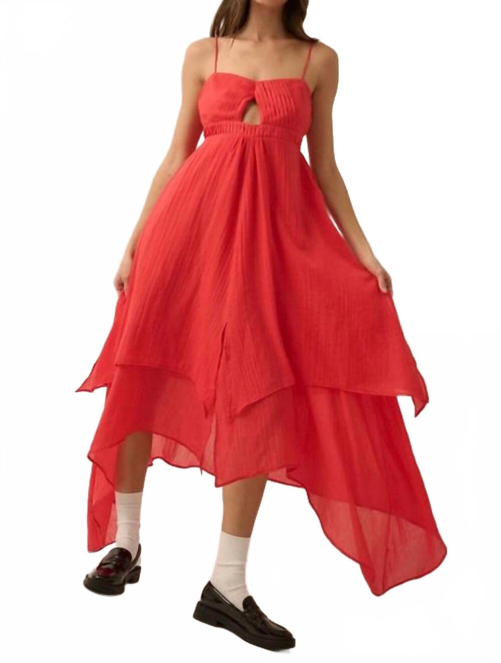 NEW PROMESA pleated keyhole bodice layered gauze maxi dress in tomato red